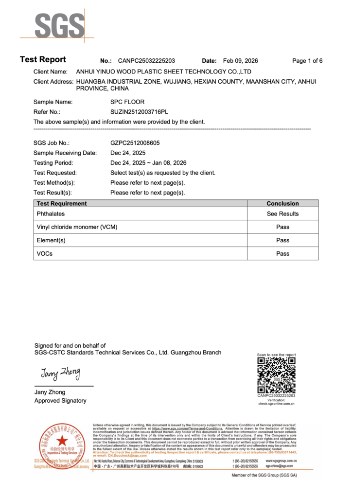 Enoch flooring chemical test report, first page